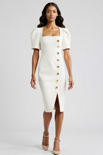 White Sheath Square Neck Long Work Dress with Buttons